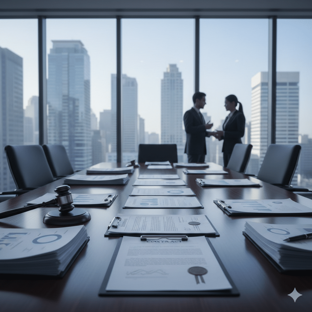 Pravni dokumenti i finansijski izvještaji na konferencijskom stolu u advokatskoj kancelariji s pogledom na poslovnu panoramu, reprezentativni za tužbe za naknadu štete zbog kartela i postupke u vezi sa pravom konkurencije.