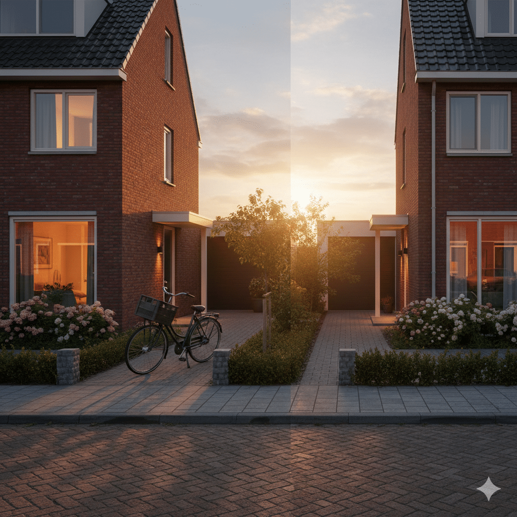 Modern Dutch residential area with two detached houses next to each other, symbolising the division of assets in divorce proceedings.