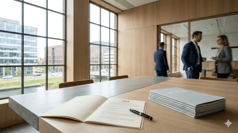 Modern Nederlands notariskantoor met contractdocumenten en due diligence mappen op een vergadertafel, met natuurlijk daglicht door grote ramen — illustratie bij een juridische gids over warranties, vrijwaringen en escrow bij bedrijfsovernames.