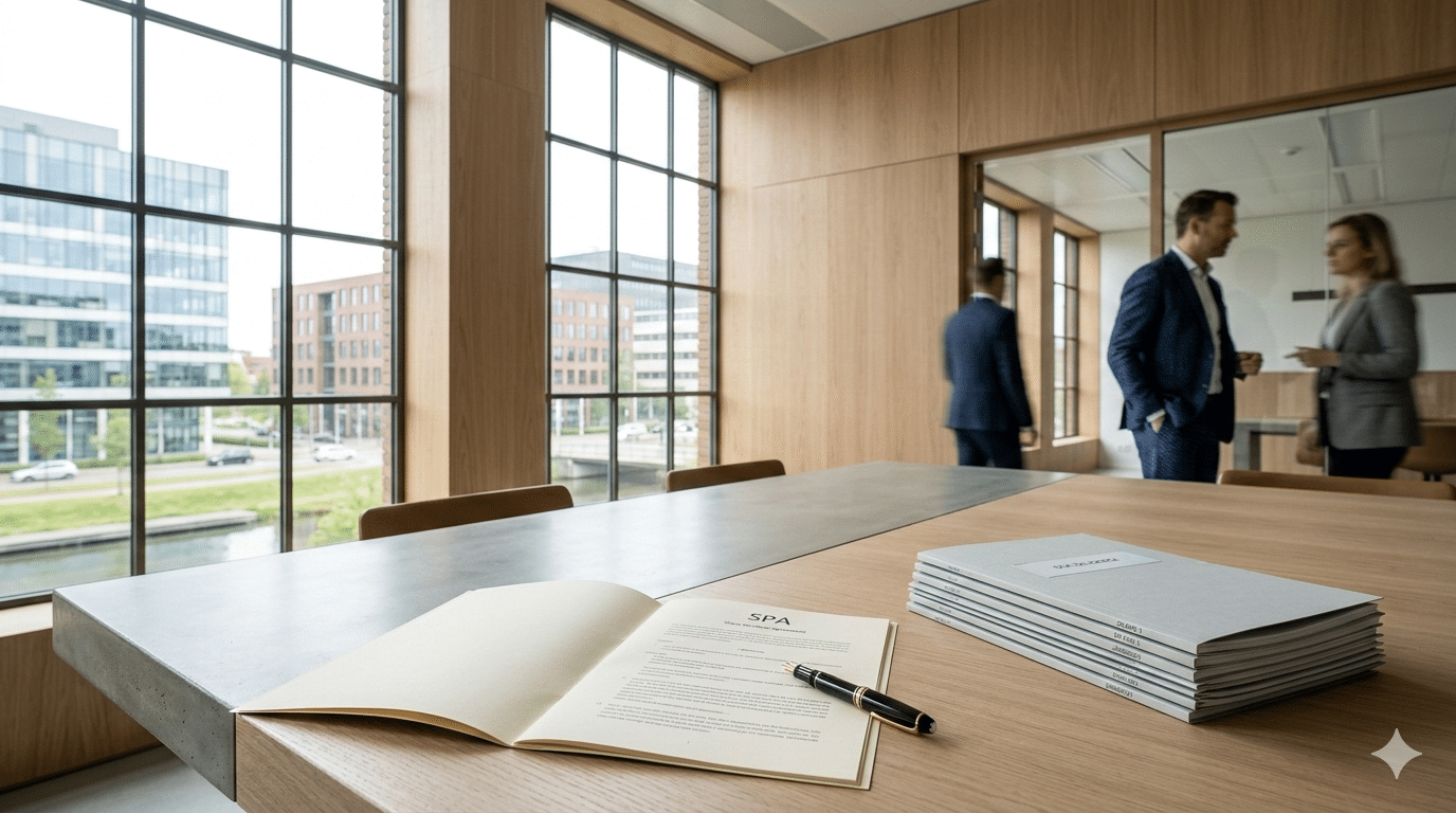 Modern Nederlands notariskantoor met contractdocumenten en due diligence mappen op een vergadertafel, met natuurlijk daglicht door grote ramen — illustratie bij een juridische gids over warranties, vrijwaringen en escrow bij bedrijfsovernames.