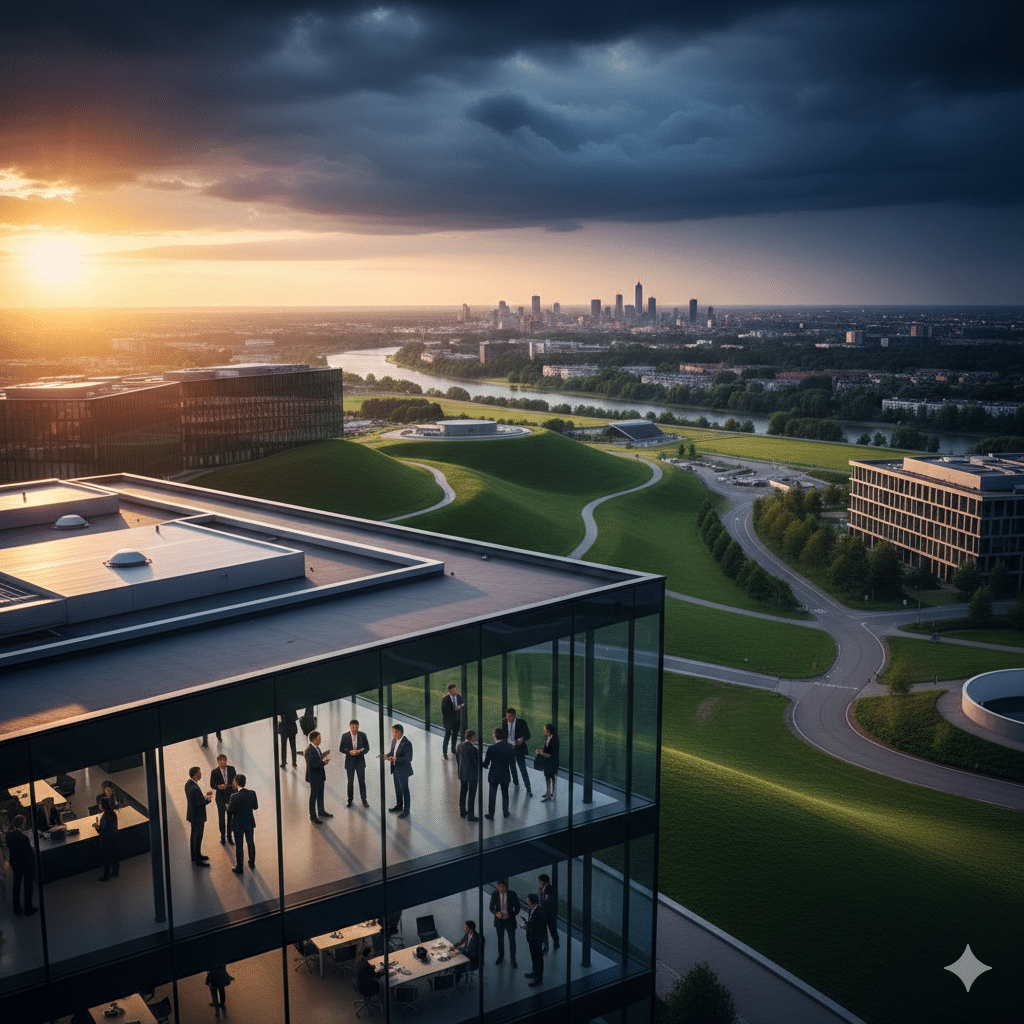 Aerial view of a modern tech campus at golden hour, featuring glass office buildings surrounded by green hills and a distant city skyline — symbolising the intersection of technology and legal risk.