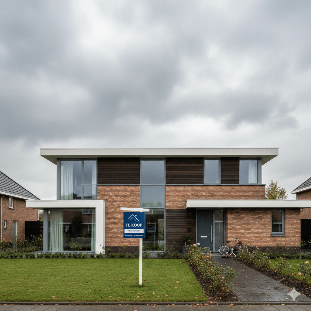 Modern Dutch family home with a For Sale sign in the front garden under an overcast grey sky – illustration for a legal blog about divorce and division of the family home.