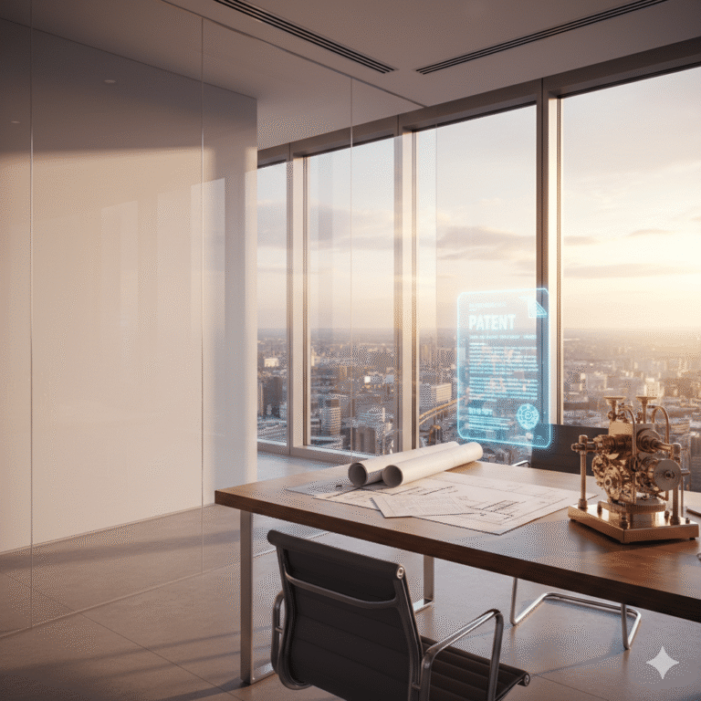 Modern office at golden hour with technical blueprints, a patent document, and a brass prototype on a sleek desk, overlooking a city skyline