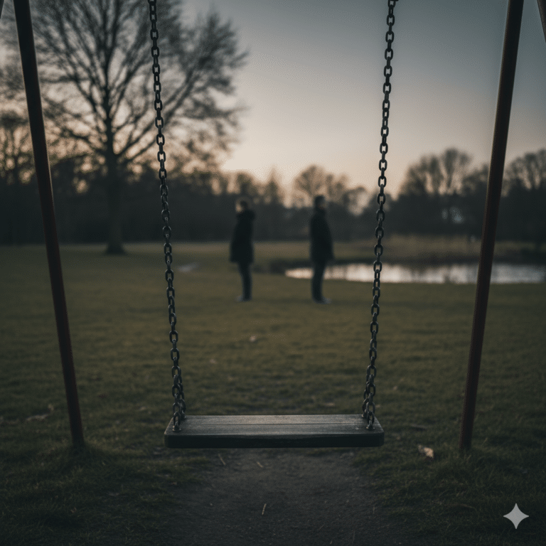 Порожня дитяча гойдалка в голландському парку в сутінках, на якій стоять окремо два силуети дорослих, що символізують розлучення з високим рівнем конфлікту та вразливе становище дитини, що опинилася між ними.