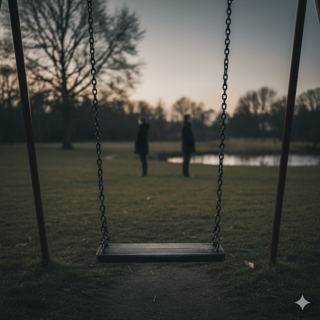 An empty child's swing in a Dutch park at dusk with two adult silhouettes standing apart, symbolising a high-conflict divorce and the vulnerable position of the child caught in between.
