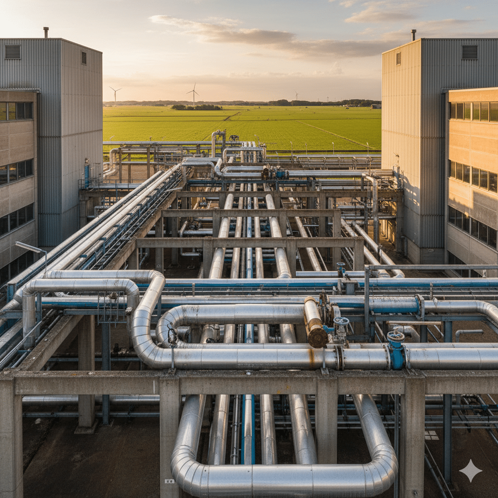 Landscape image of an industrial steam pipeline network at a large-scale chemical production site in the Netherlands, photographed during golden hour. Insulated steel pipelines running through a concrete pipe rack between industrial buildings, with visible flanges, valves and expansion loops