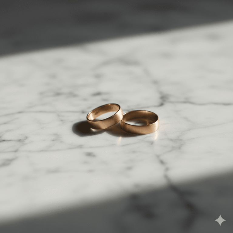 Two wedding rings lying apart on a marble surface, symbolising a difficult divorce involving asset disputes and manipulative behaviour.