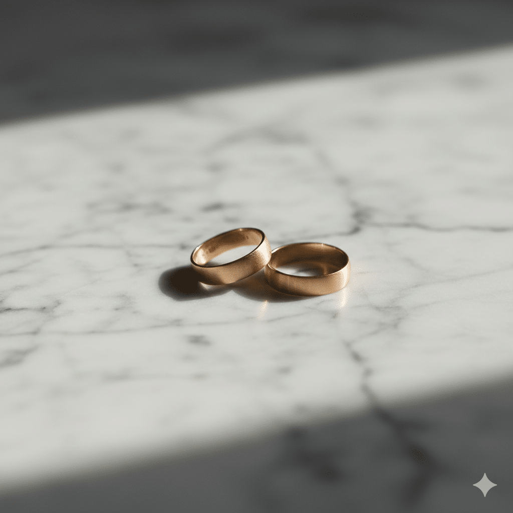 Two wedding rings lying apart on a marble surface, symbolising a difficult divorce involving asset disputes and manipulative behaviour.