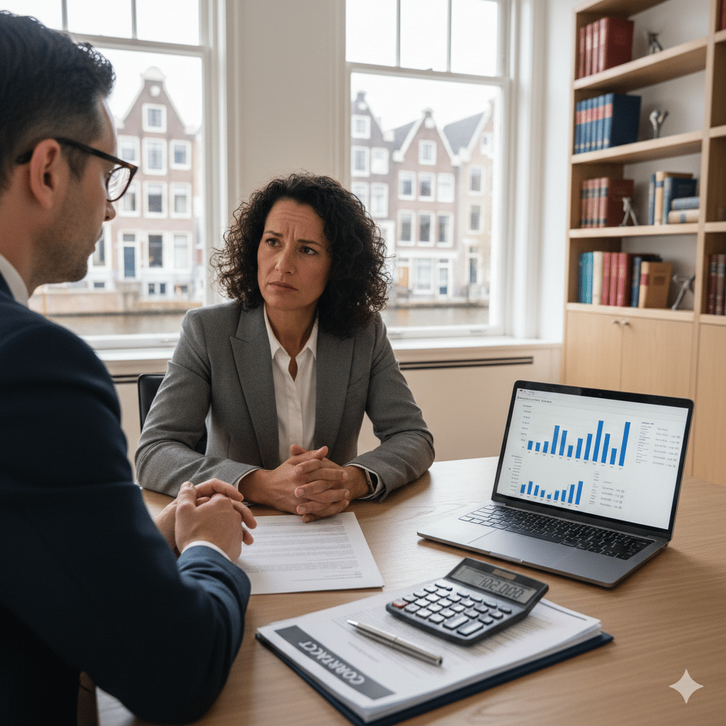 Employment lawyer discussing severance compensation with client in modern Amsterdam office with legal books