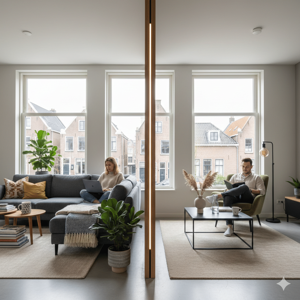 Photorealistic depiction of a contemporary Dutch living room visually divided into two separate zones, symbolizing ex-partners forced to continue living together in one home after divorce - an illustration of residential separation due to housing market scarcity