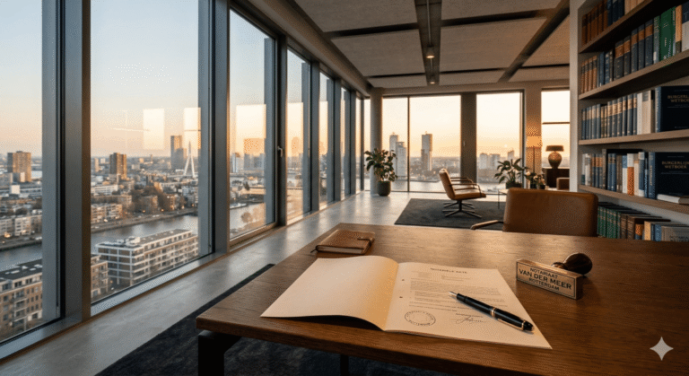 Modern Dutch law firm office with notarial deed and fountain pen on desk, city skyline visible through floor-to-ceiling windows at golden hour — illustrating the incorporation of a B.V. in the Netherlands.
