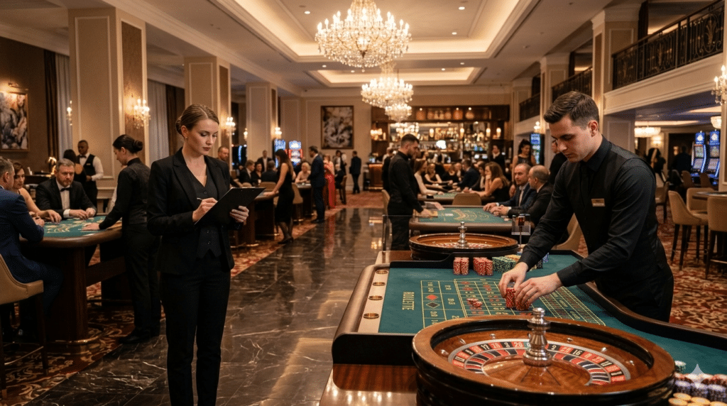 Zaposleni v igralnicah v formalnih uniformah za igralnimi mizami na elegantno osvetljenem igralniškem nadstropju – ilustracija, ki spremlja članek o pogojni odpovedi v igralniškem sektorju.