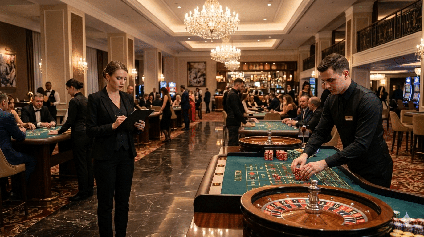 ڪيسينو ملازم هڪ خوبصورت روشن ڪيسينو فرش تي گيمنگ ٽيبلن تي رسمي يونيفارم ۾ - ڪيسينو شعبي ۾ آزمائشي برطرفي تي مضمون سان گڏ هڪ مثال.