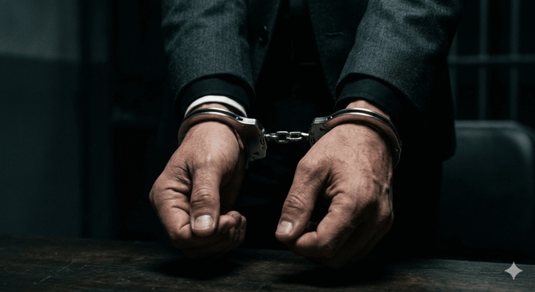 Man in dark suit with silver handcuffs against dark background