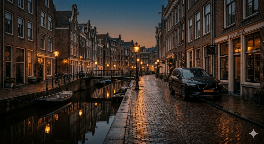 Dusk over a narrow Dutch canal street with lit warehouses, wet cobblestones and a parked black SUV