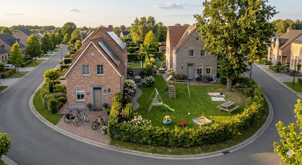 Aerial view of two adjoining Dutch family homes with gardens merging together, in warm afternoon light with children's toys on the lawn