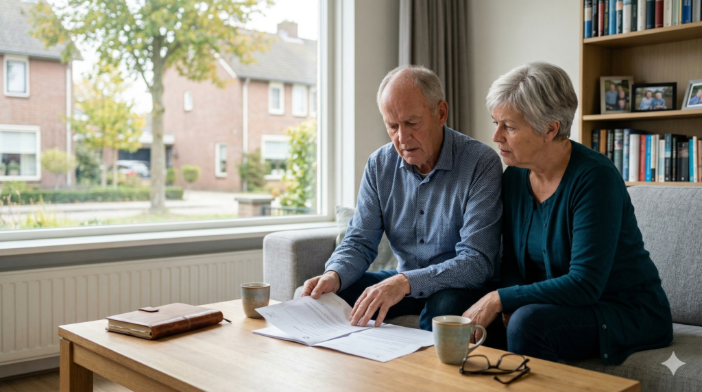 an elderly Dutch couple sitting together on a sofa in their modern living room, studying a legal document. The man and woman are both looking down with concerned expressions at the document on the coffee table in front of them. Also on the table are two mugs, a notebook, and a pair of glasses. The background features a large window with a view of typical Dutch houses and trees