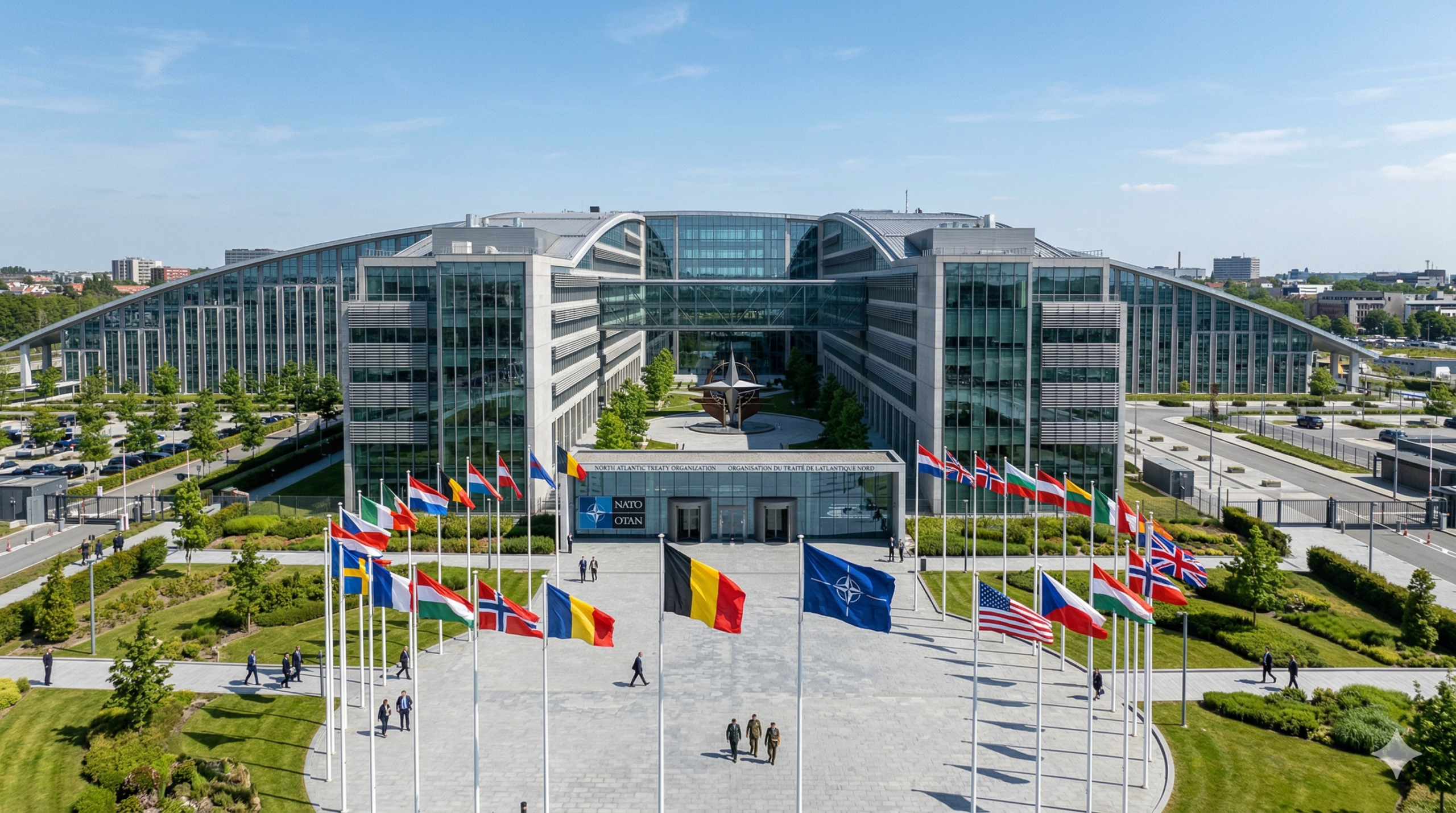 Sediul NATO din Bruxelles, într-o zi însorită. În prim-plan, steagurile statelor membre și steagul NATO flutură pe o piață mare. Pe fundal se află clădirea modernă din sticlă cu arhitectura sa distinctivă, cu câțiva oficiali care se plimbă pe teren.