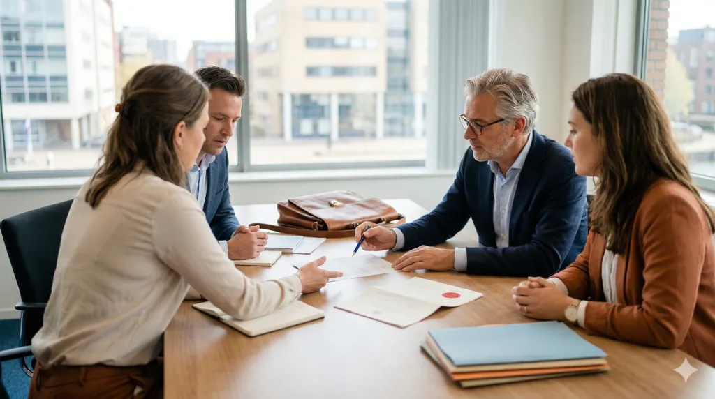 A professional meeting taking place in a bright, modern office with four people seated around a wooden table. An older man wearing a blue blazer is pointing with a pen at an official document, while a younger woman opposite him listens intently and gestures with her hands. The setting suggests a legal negotiation or the discussion of a settlement agreement, with folders and a briefcase on the table and an urban cityscape visible through the window.