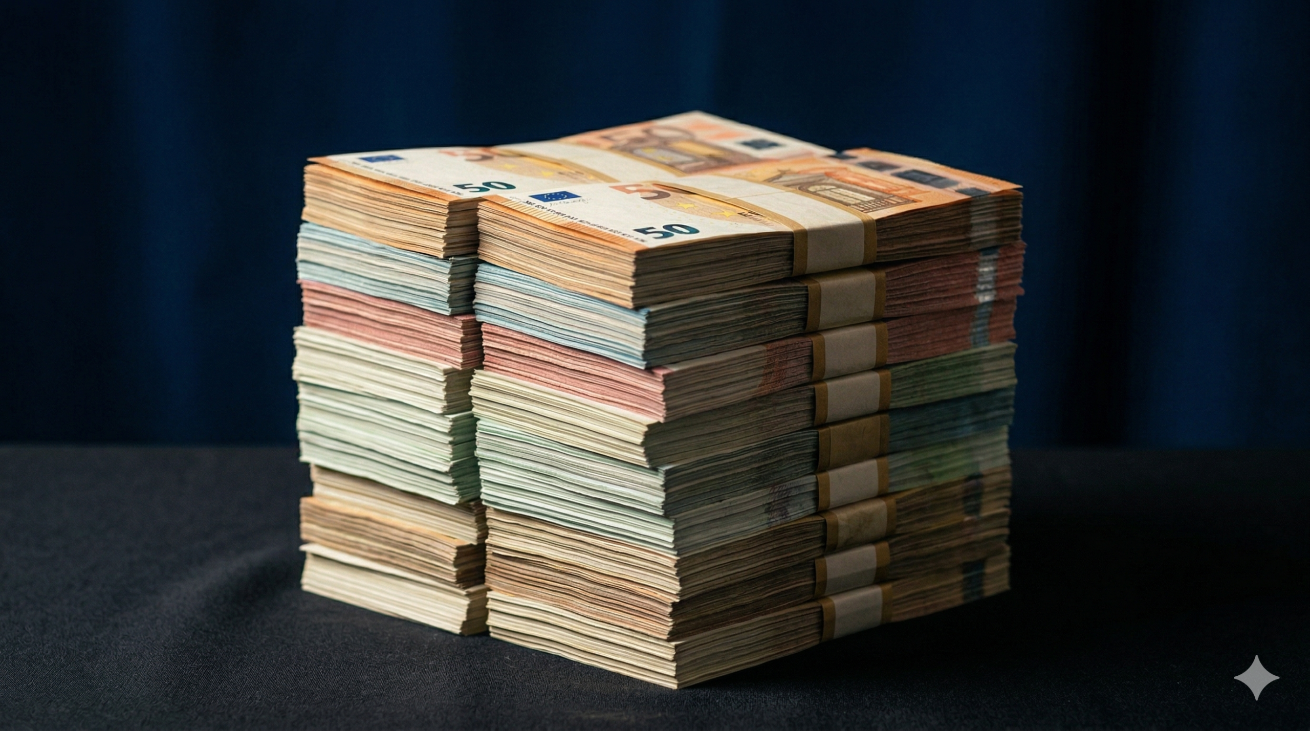 O stivă de bancnote euro așezate pe o suprafață întunecată, ilustrând confiscarea de numerar în contextul anchetelor penale.