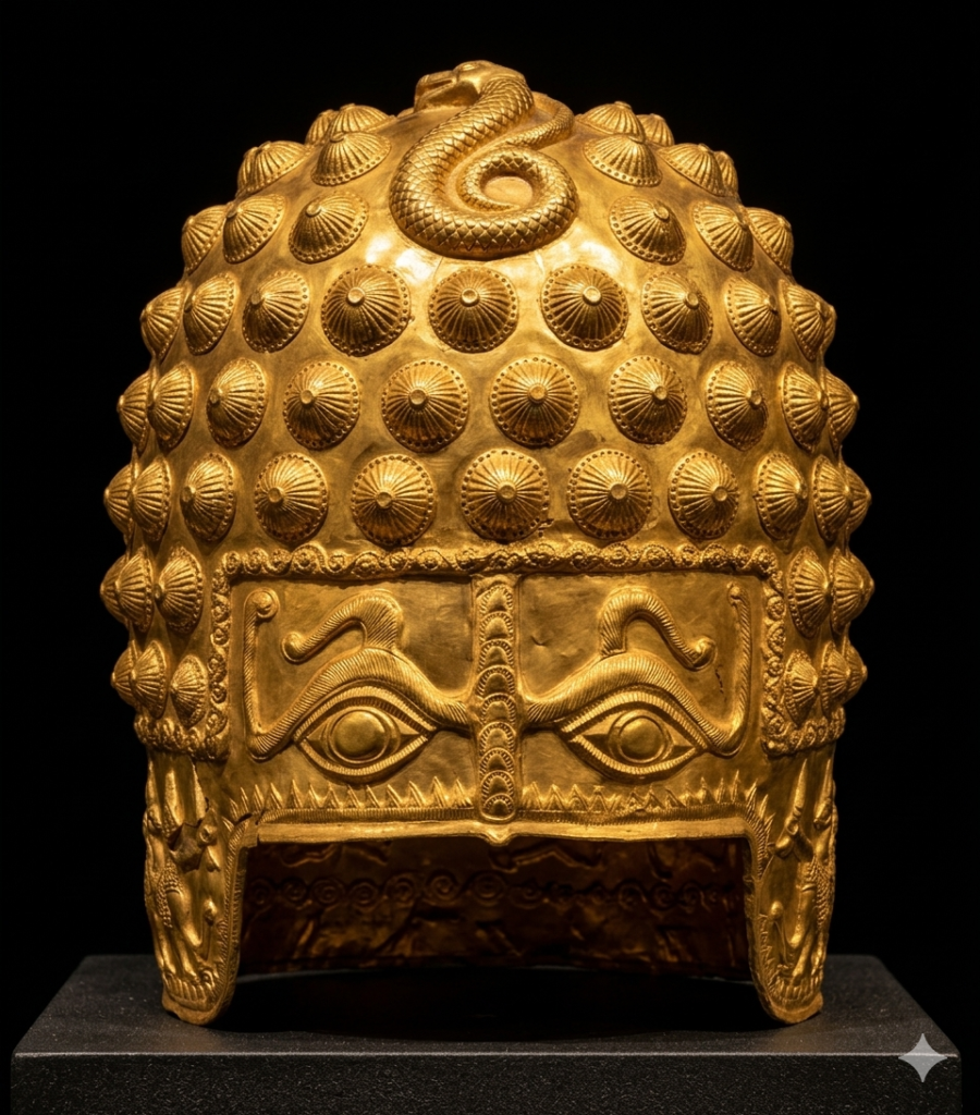 A professional archaeological studio photograph of the golden Dacian helmet of Coțofenești against a black background. The 4th-century BC beaten gold helmet features a striking face mask with two large, stylized eye motifs and a central nose guard. The dome is covered in a pattern of small, pointed conical studs, while the sides are intricately embossed with animal figures and spirals. The artifact rests on a minimalist dark display stand under warm, cinematic lighting that highlights the texture of the gold.