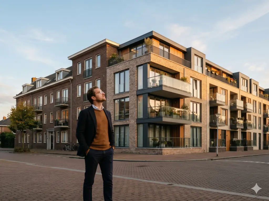 Landlord looking up at a modern Dutch apartment building in warm evening light, representing the decision between regulated and private sector rental.