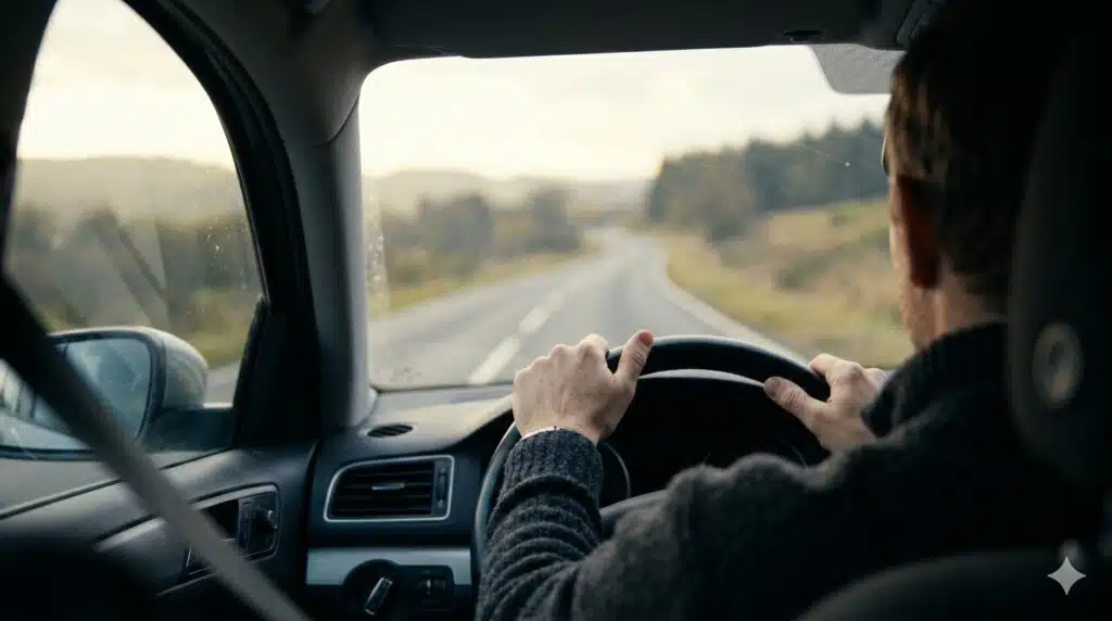 Not a criminal, yet a suspect: what determines the punishment after a serious traffic accident? 1 Hands on a steering wheel, seen from behind, with a blurred empty road ahead, illustrating the question of what a traffic mistake means legally.