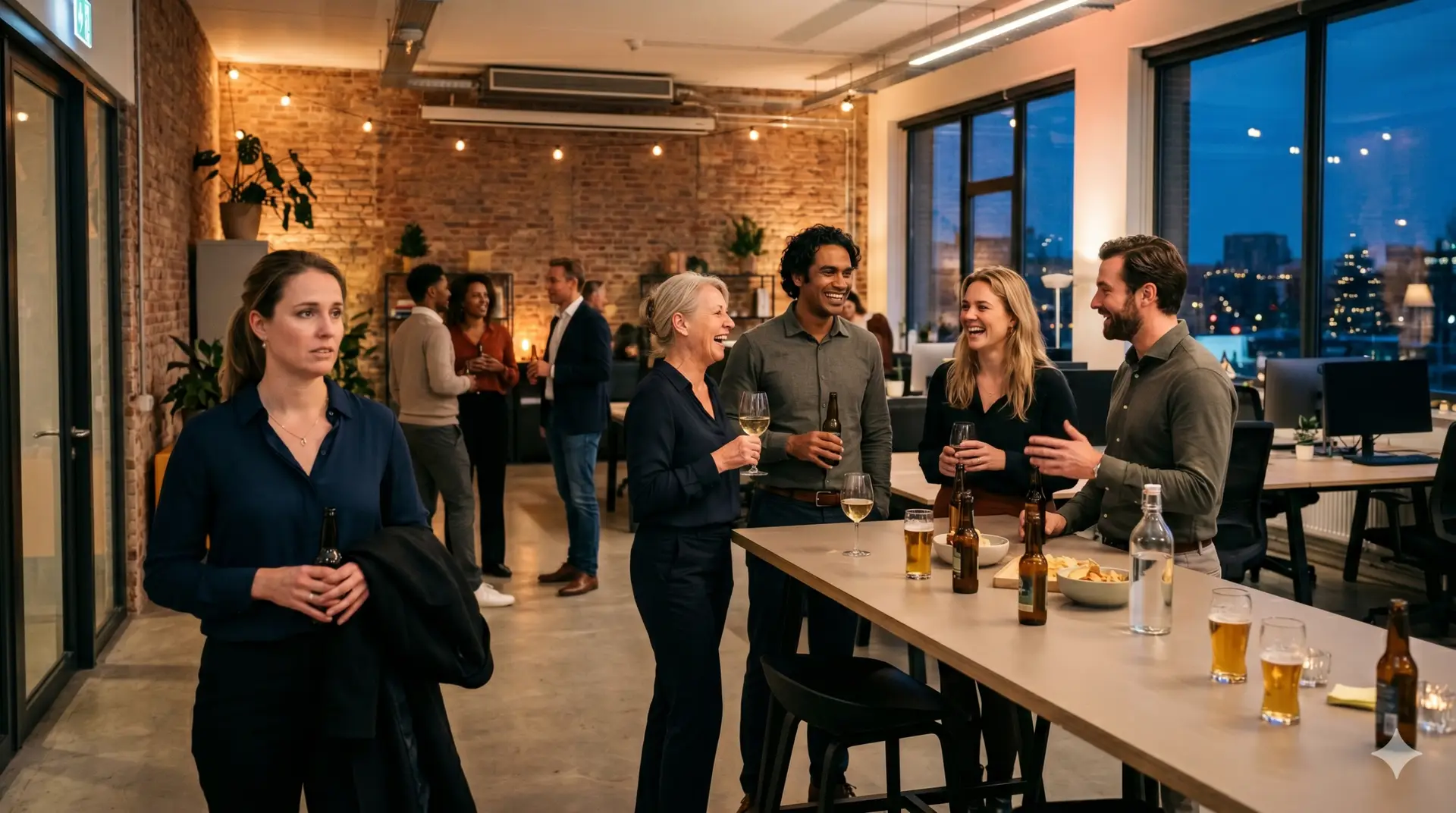 Colleagues at a company party in a modern office, one employee looking slightly hesitant while others laugh and toast with drinks in hand.