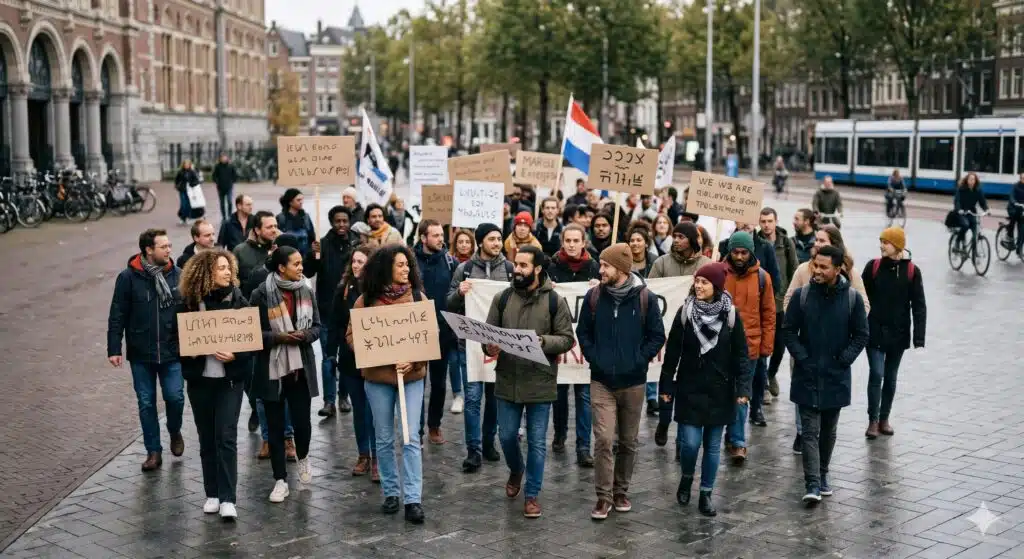 Peaceful demonstration in a city square with people holding banners