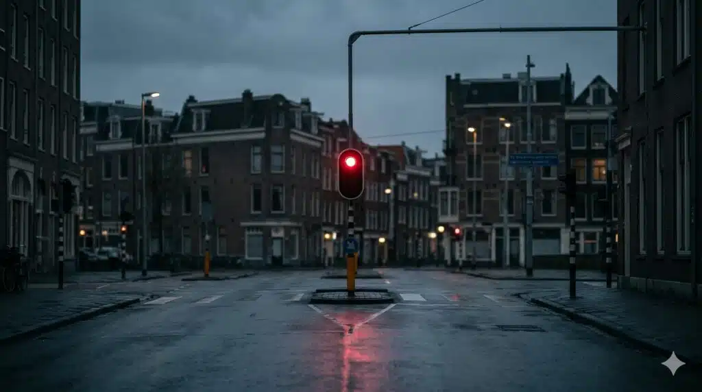 Not a criminal, yet a suspect: what determines the punishment after a serious traffic accident? 2 Deserted crossroads at dusk with a red traffic light reflecting in the wet road surface, a sober atmosphere for a blog about punishment after a traffic accident.
