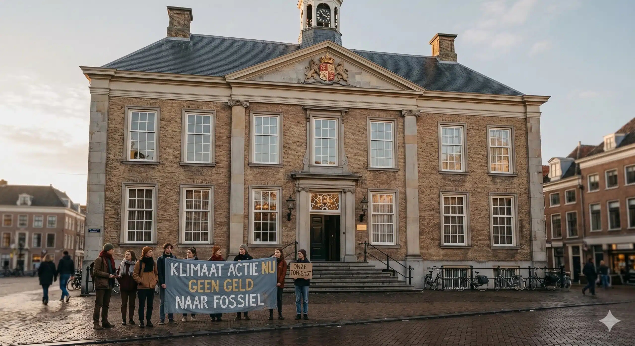 Illustration of a town hall with demonstrators in front of it, referring to the powers of the mayor