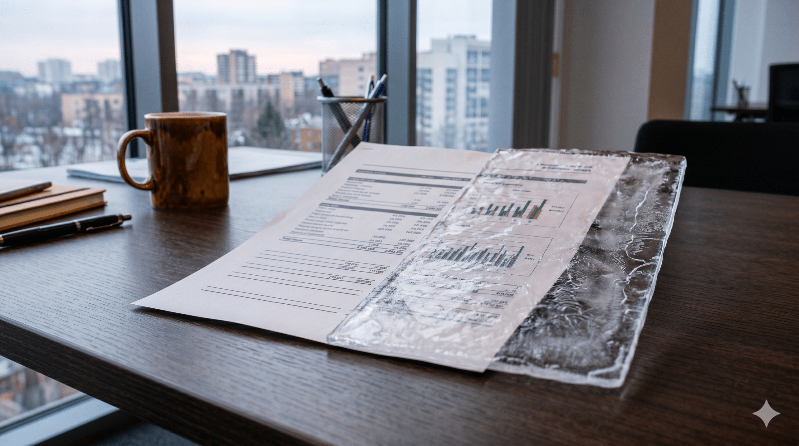 Empty boardroom with conference table and a view over the city