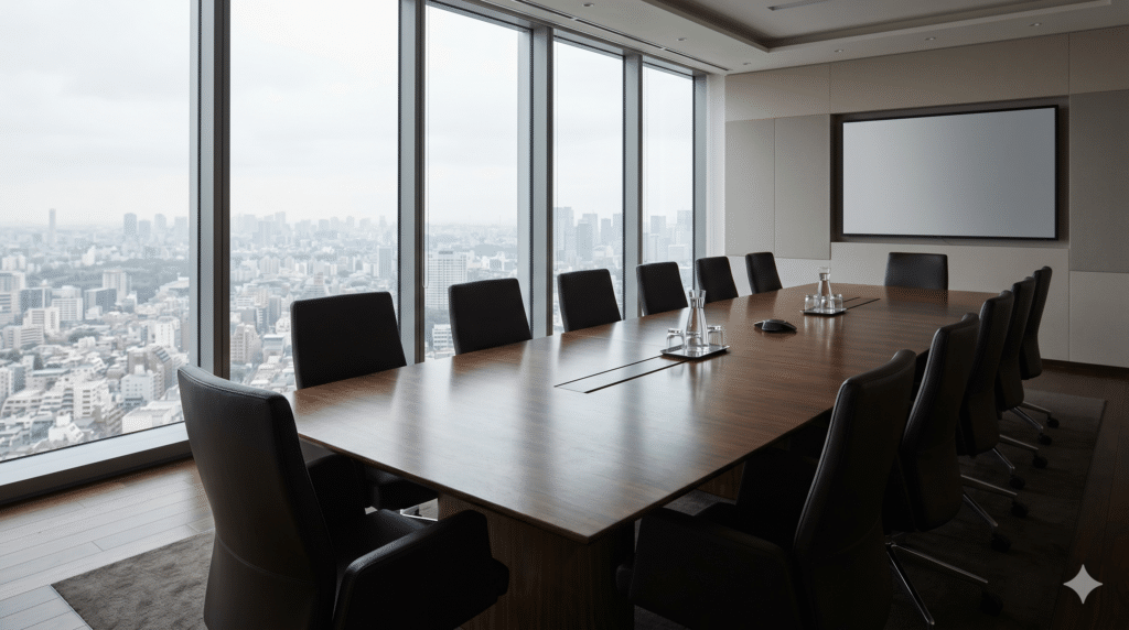 Modern boardroom with a long wooden conference table, black leather chairs and a presentation screen, with floor-to-ceiling windows overlooking a city skyline