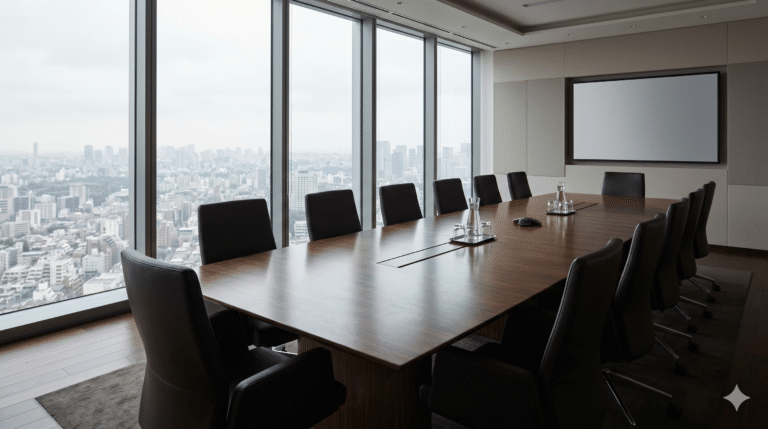 Modern boardroom with a long wooden conference table, black leather chairs and a presentation screen, with floor-to-ceiling windows overlooking a city skyline