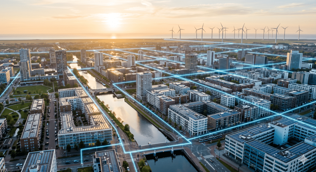 Aerial view of a city symbolising the energy market for becoming an energy supplier in the Netherlands