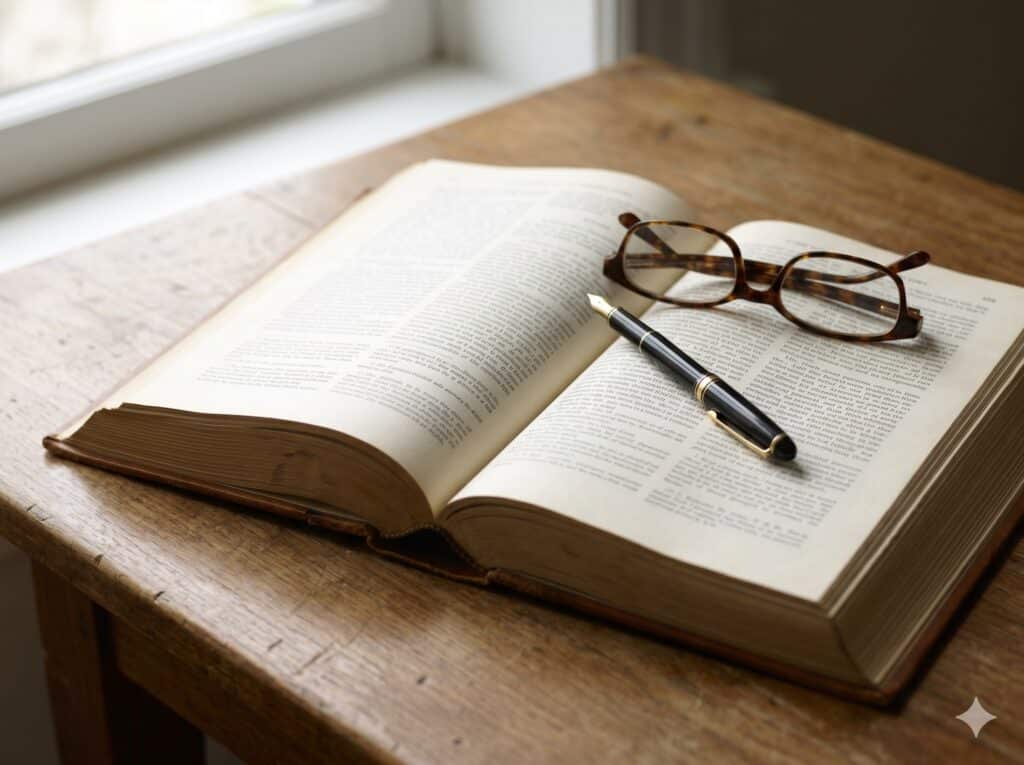 An open legal statute book with a fountain pen and reading glasses on a wooden desk