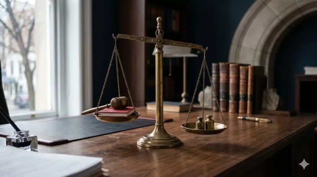 Scales of justice with a gavel on a desk, symbolising the legal assessment of police violence
