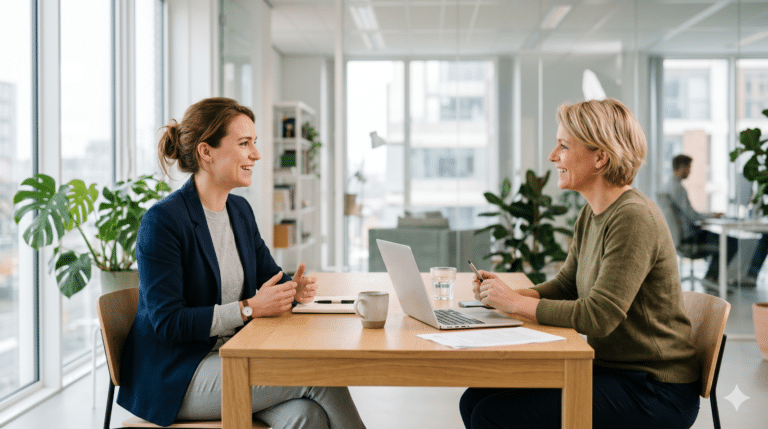Two women in conversation across a table in a bright office