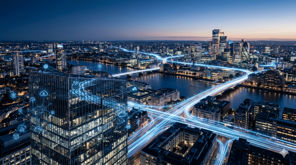 City and data symbolising the EU Data Act and data sharing in Europe