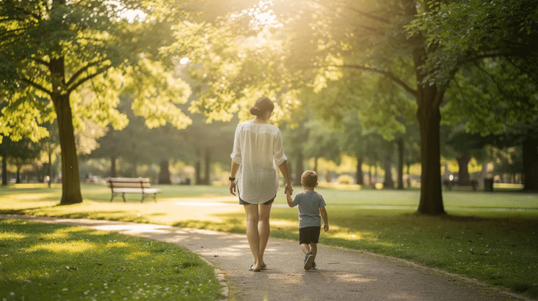 An adult and a child walking together along a path in a sunlit park