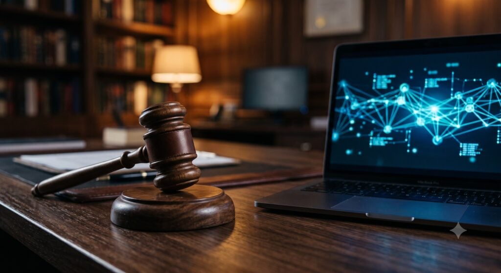 Crypto and criminal law - gavel and laptop with blockchain network representing digital evidence