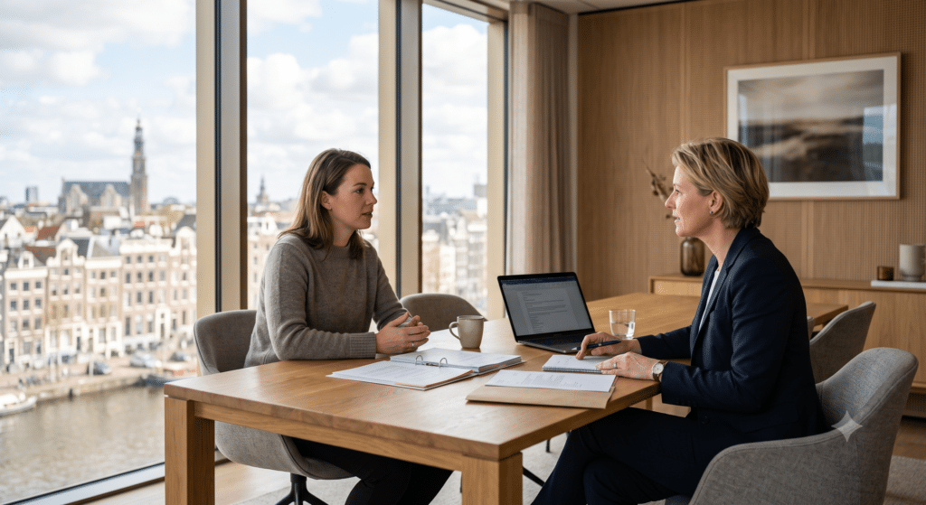 Family lawyer and client in a consultation at a modern law office in the Netherlands, discussing divorce and family law matters
