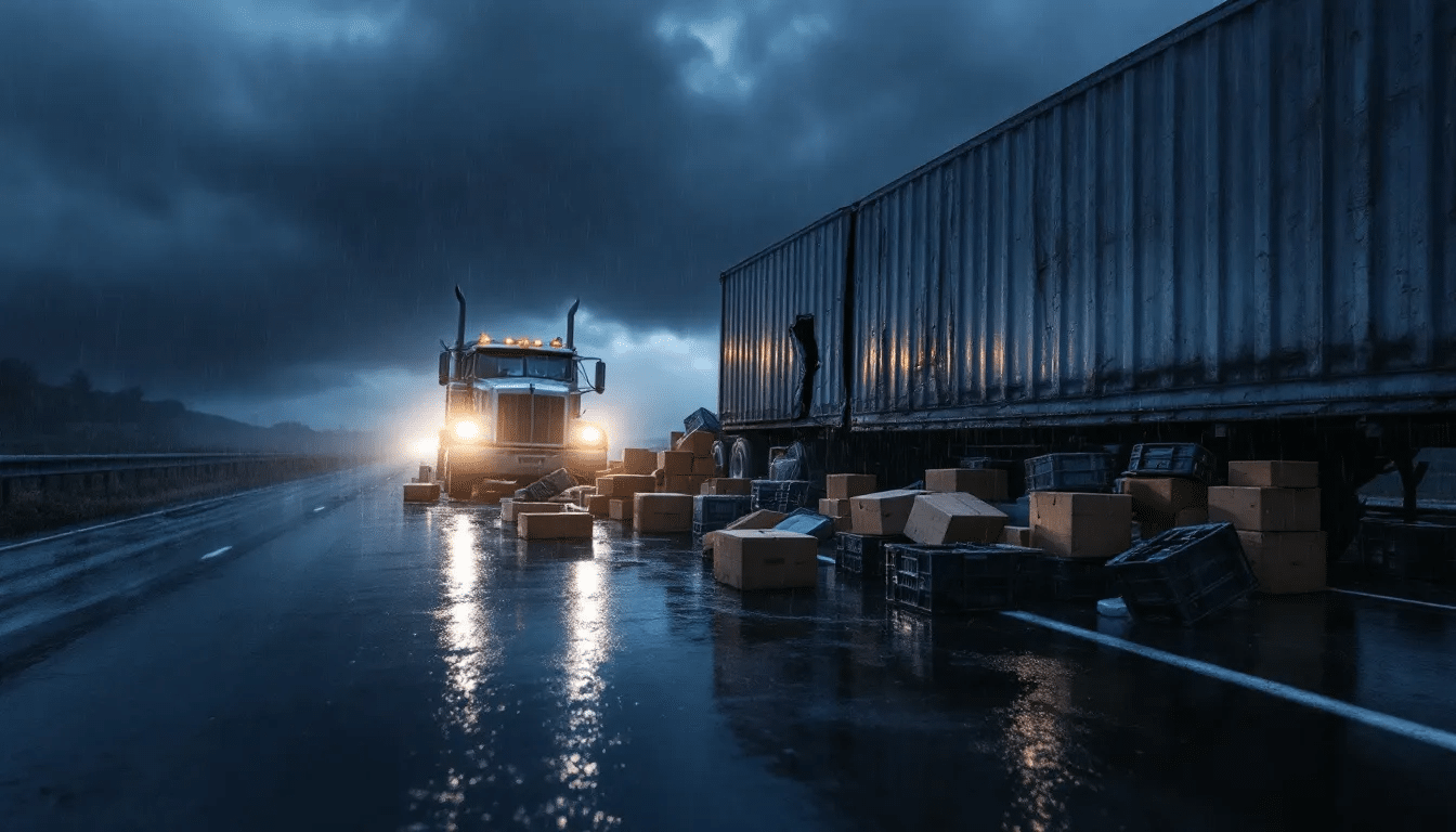 Een vrachtwagen staat stil op een regenachtige weg, met zichtbare beschadigingen aan de lading die het vervoert. Deze situatie kan gevolgen hebben voor het internationaal vervoer van goederen en de aansprakelijkheid van de vervoerder volgens het CMR verdrag.