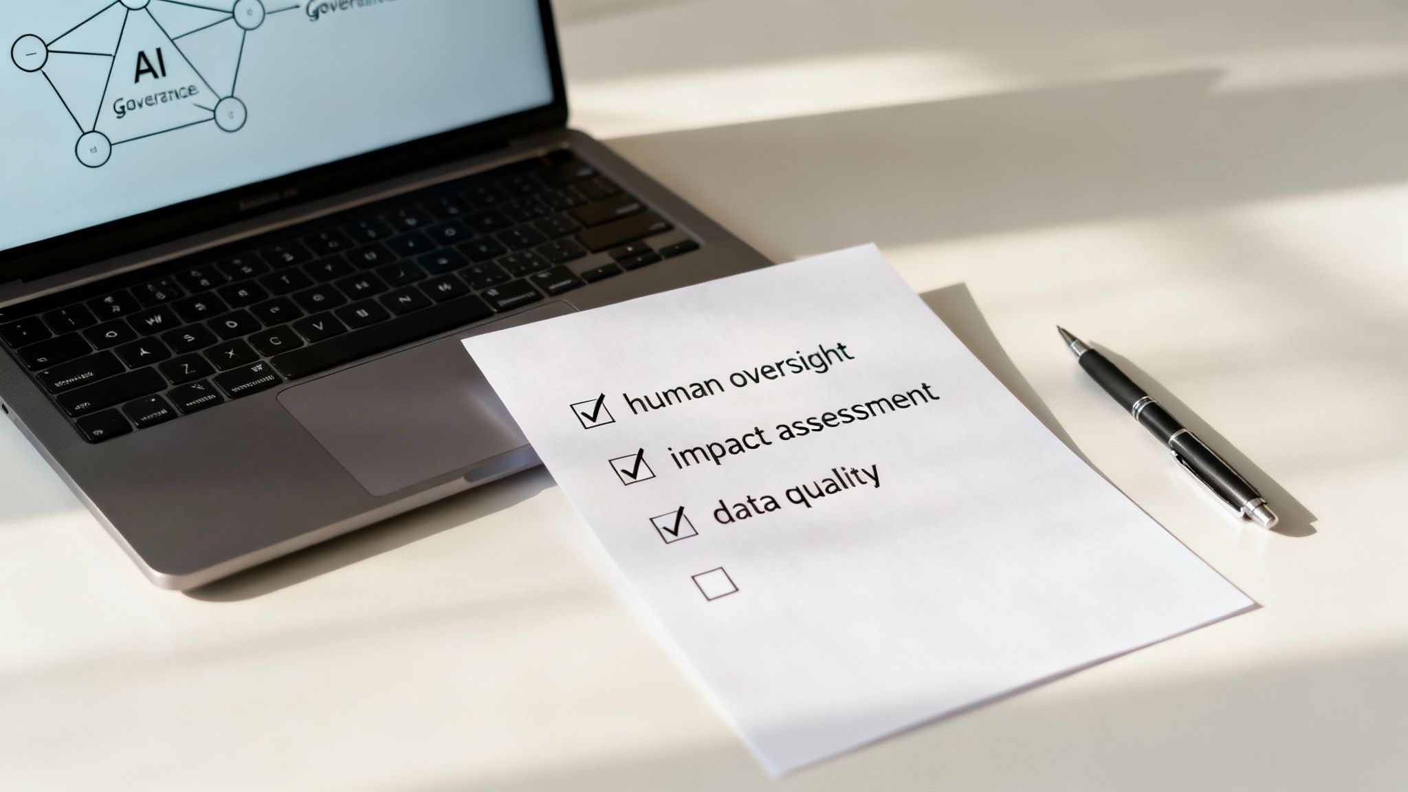 A professional in a business suit interacting with a futuristic, holographic interface displaying compliance checklists and risk assessment data.