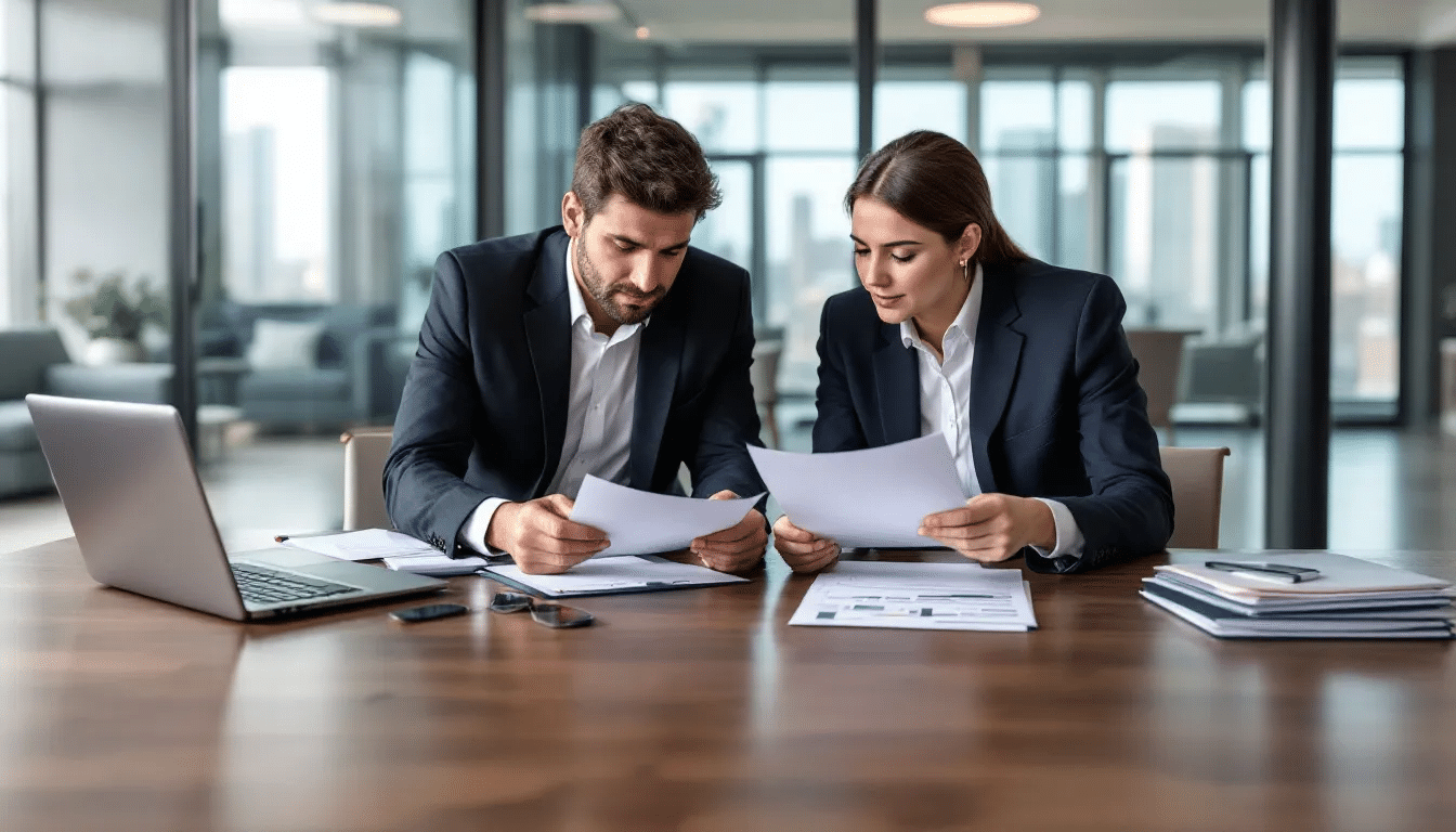 Twee mensen zitten aan een tafel en bekijken samen documenten, mogelijk gerelateerd aan hun samenlevingscontract of afspraken over gemeenschappelijke bezittingen. Ze lijken in gesprek over belangrijke zaken zoals de verdeling van vermogen en de gevolgen van een eventuele scheiding.