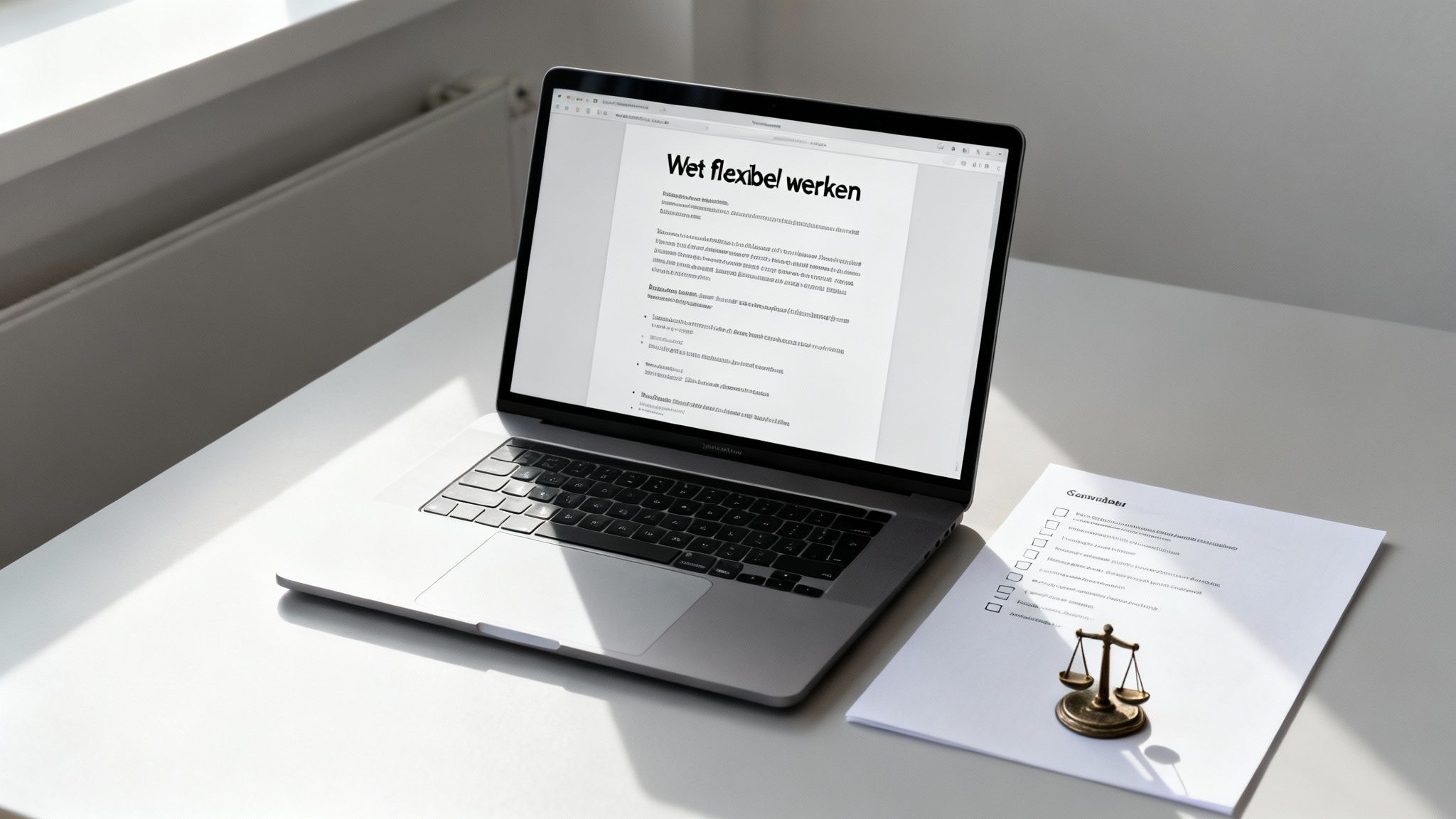Two people in a modern office, one employee and one manager, sitting at a table and reviewing a document together, symbolising a collaborative legal process.