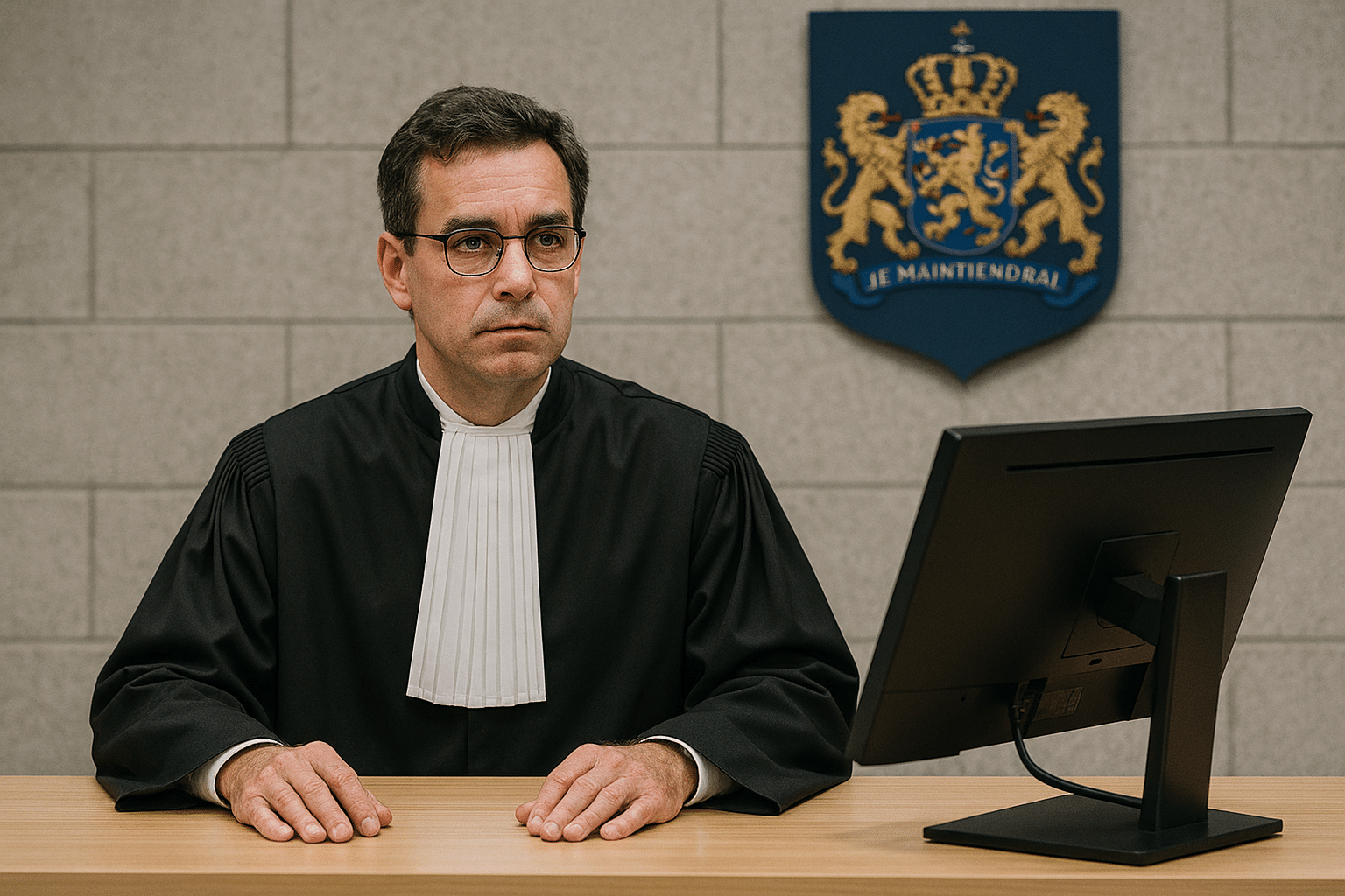 Een rechter spreekt een vonnis uit in de rechtszaal, waarbij hij de gevolgen van identiteitsfraude en de strafbare feiten die hiermee gepaard gaan bespreekt. De rechter benadrukt het belang van het doen van aangifte bij het centraal meldpunt identiteitsfraude om slachtoffers te helpen hun gestolen persoonsgegevens te herstellen.