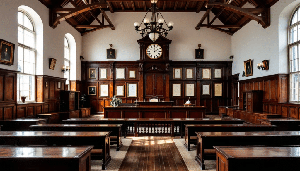 Empty Dutch courtroom with wooden benches, seen from the public gallery