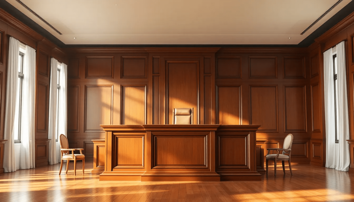 Een afbeelding van een rechtszaal met de rechterlijke bank aan de voorkant en het gebied voor de verdachte. De setting is bedoeld voor een pro forma zitting, waar de rechter beslist over de voortgang van de strafzaak en de verdachte aanwezig is.
