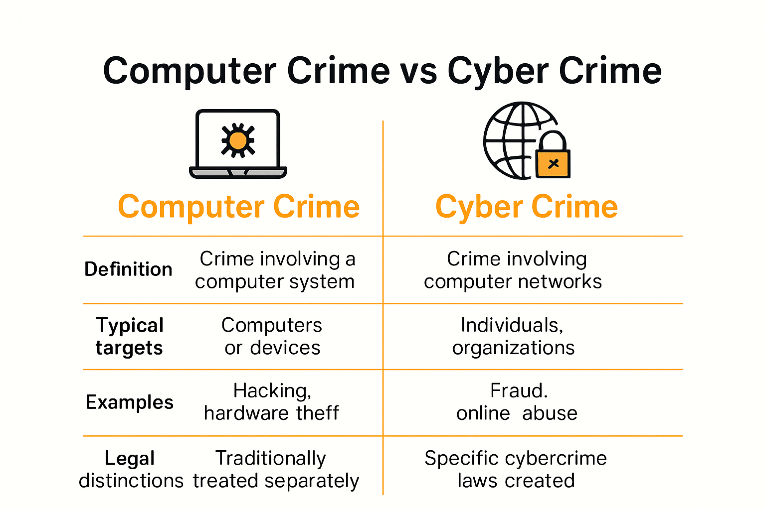 Infographic comparing computer crime vs. cyber crime differences
